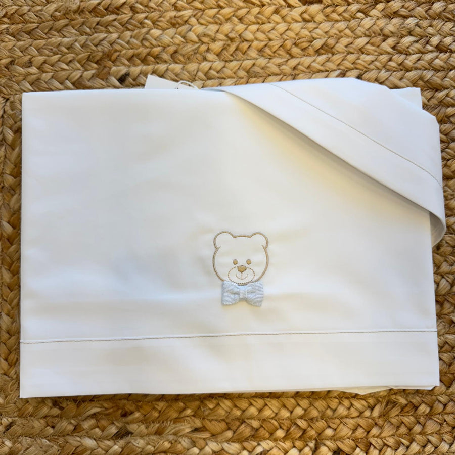 Lenzuolo culla neonato in cotone con orsetto e fiocco azzurro