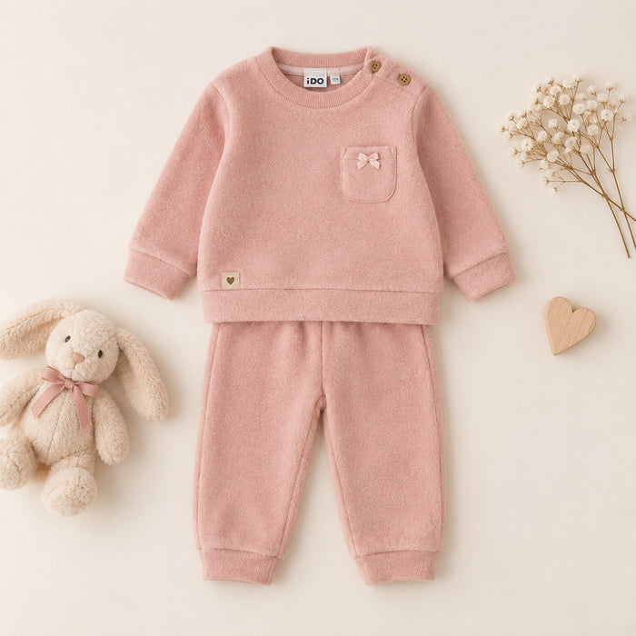 Completo bimba rosa antico con maglia a manica lunga, taschino con fiocco e pantalone coordinato