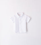 Completo elegante bambino con salopette beige e camicia bianca manica corta