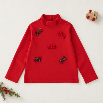 Lupetto bambina rosso in cotone con collo alto e cinque fiocchetti decorativi