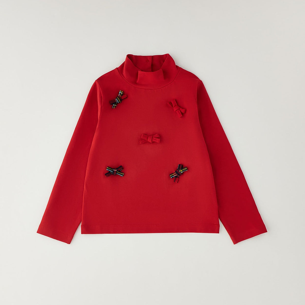 Lupetto bambina rosso in cotone con collo alto e cinque fiocchetti decorativi