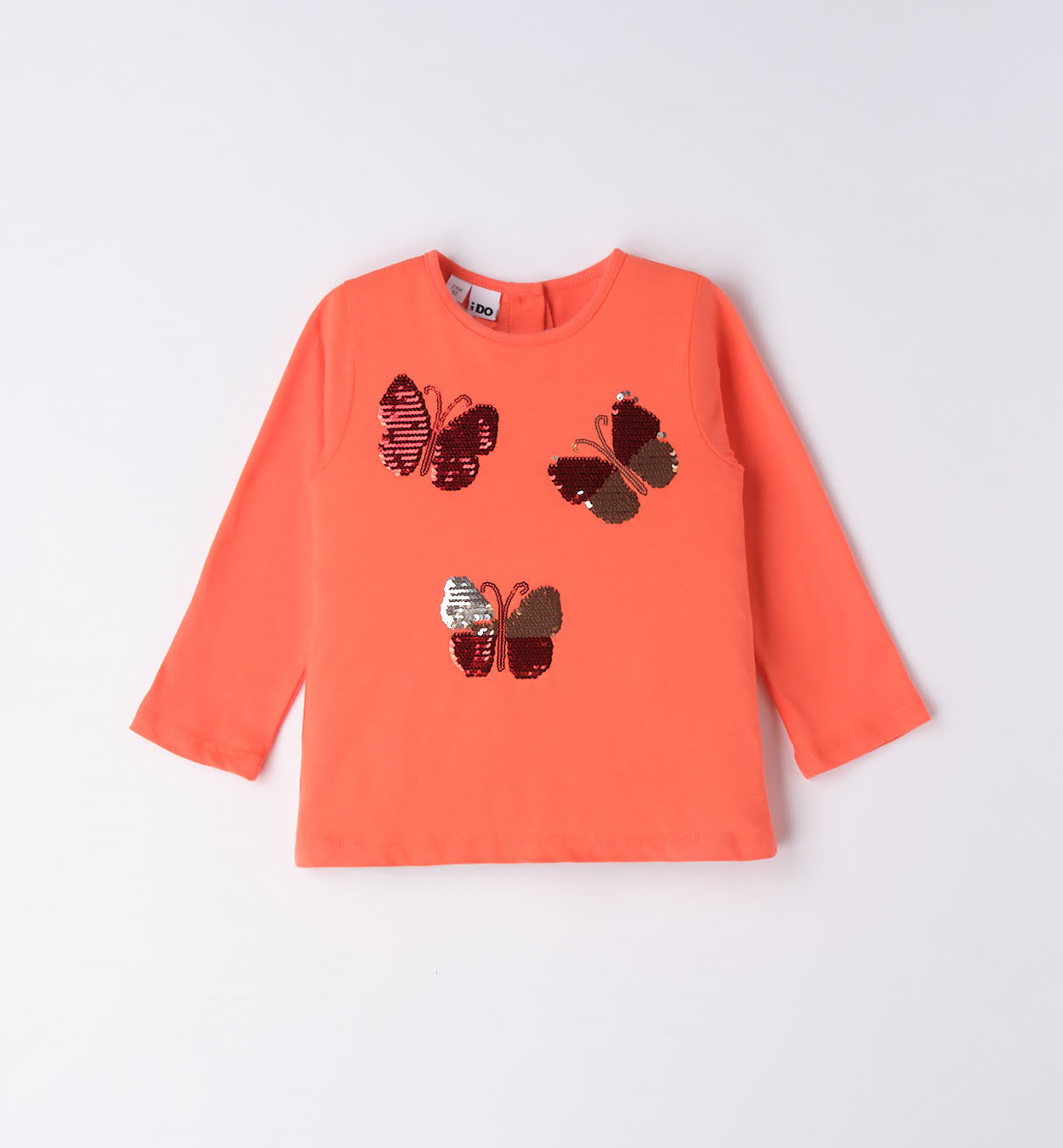 maglia-bambina-arancione-farfalle-paillettes-fronte