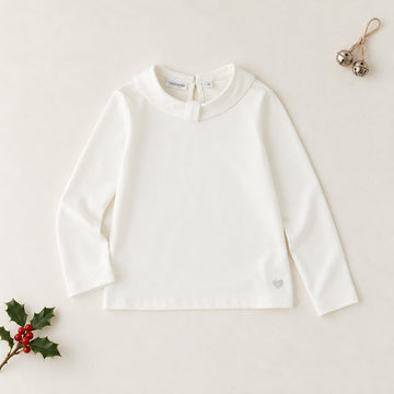 	Maglia bambina bianca Sarabanda in cotone con colletto arrotondato e maniche lunghe
