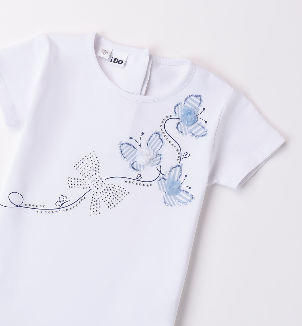 Salopette in jeans bambina con fiocco strass e maglietta farfalle