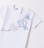 Salopette in jeans bambina con fiocco strass e maglietta farfalle