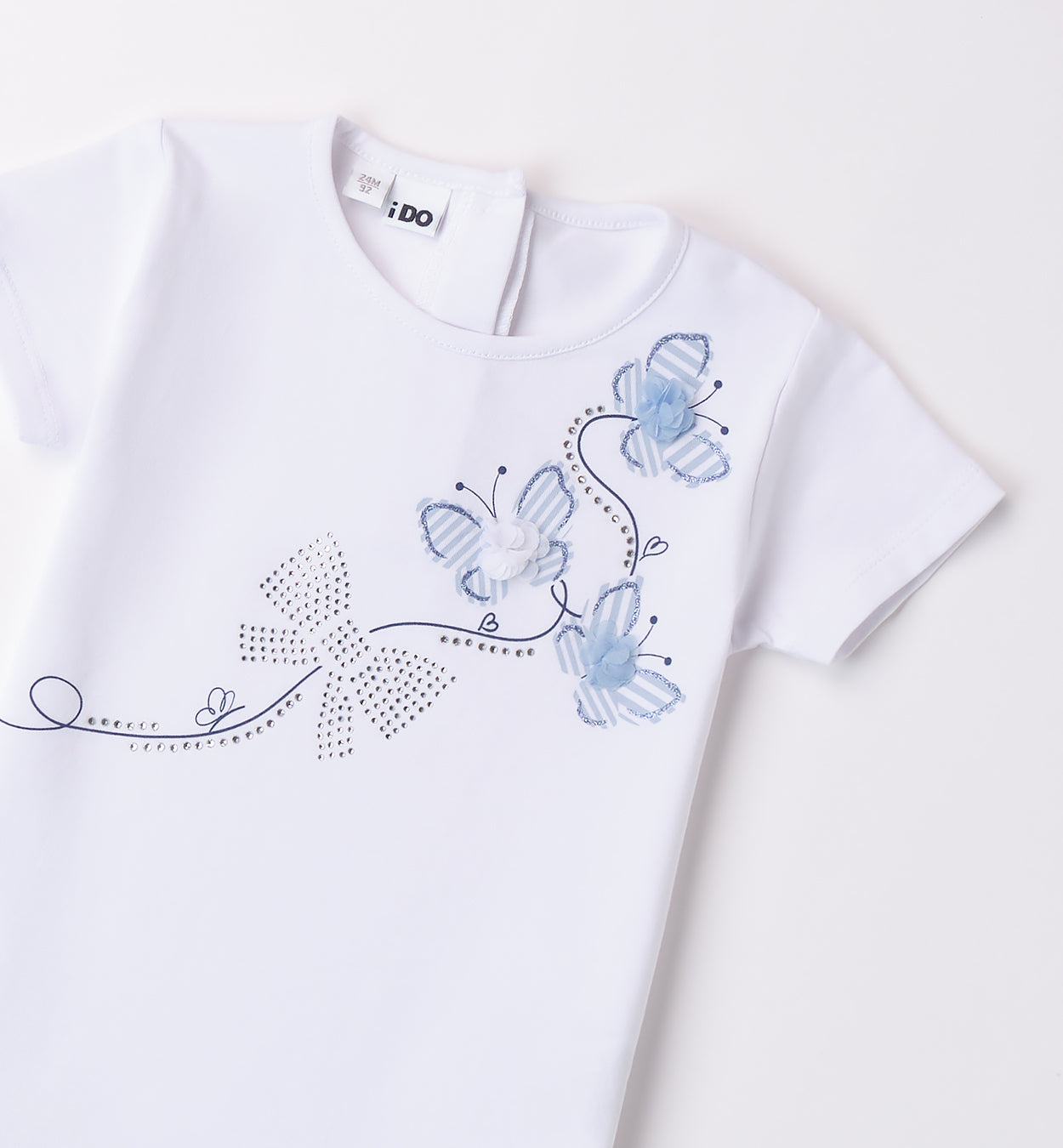 Salopette in jeans bambina con fiocco strass e maglietta farfalle
