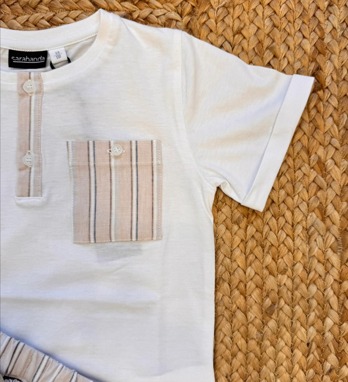 Completo estivo bambino Sarabanda con maglia bianca e pantaloncini a righe.