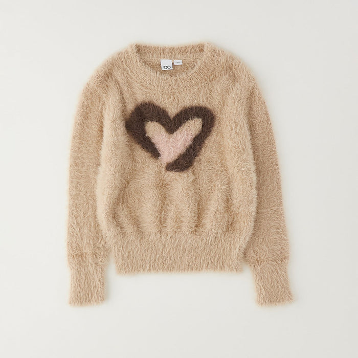 Maglia beige bimba effetto peluche con grande cuore marrone e rosa