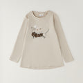 Completo bimba 100% cotone con maglia beige stampa cagnolino e pantalone marrone fantasia fiocchetti