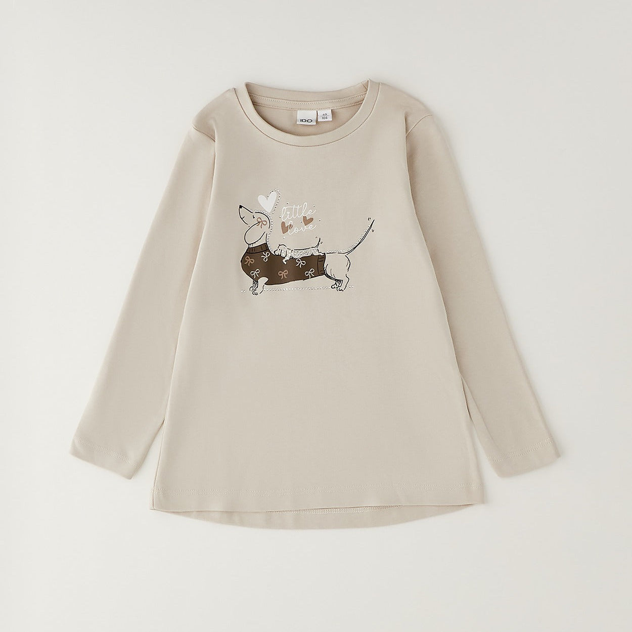 Completo bimba 100% cotone con maglia beige stampa cagnolino e pantalone marrone fantasia fiocchetti
