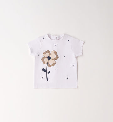 Maglia bimba bianca con fiore decorativo e cuoricini in cotone elasticizzato
