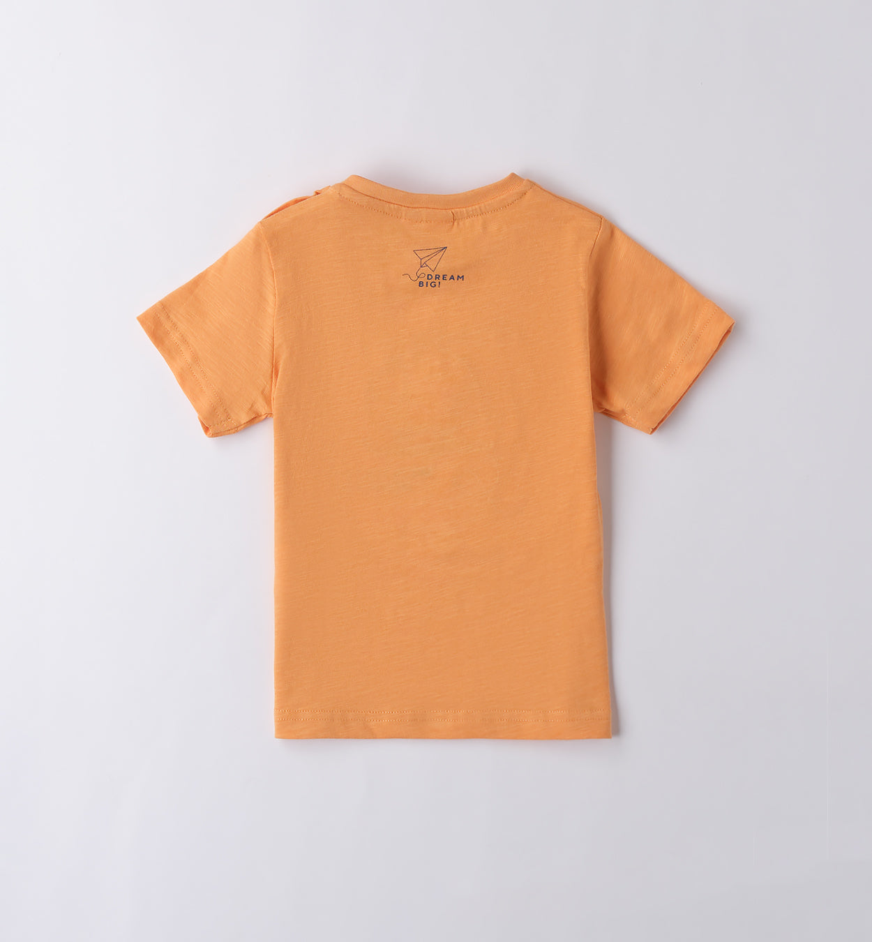 T-shirt arancione con stampa e pantaloncini a righe per bambino, abbigliamento estivo casual.