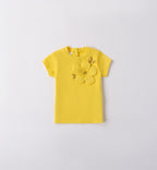Completo bambina con t-shirt gialla fiore applicato e shorts in jeans