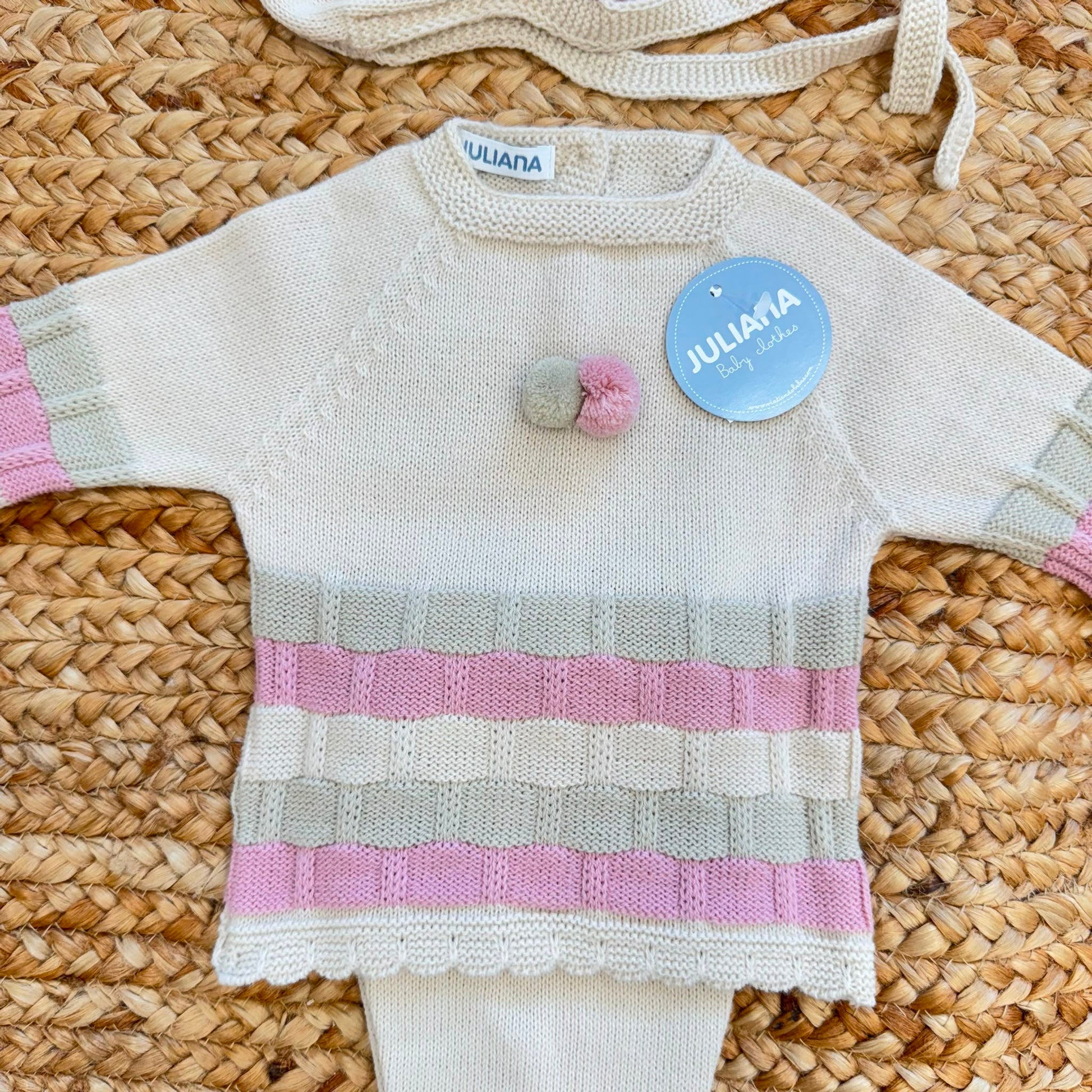 Completo nascita neonata Juliana panna con righe rosa e verde salvia