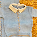 Uscita clinica neonato in misto lana azzurro e beige con copertina completo cappellino scarpine e bavaglino