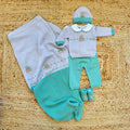 Uscita clinica neonato in pura lana grigio e verde con orsetto completa di copertina cappellino e scarpine
