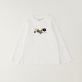 Cardigan bimba beige e blu a righe con applicazioni floreali