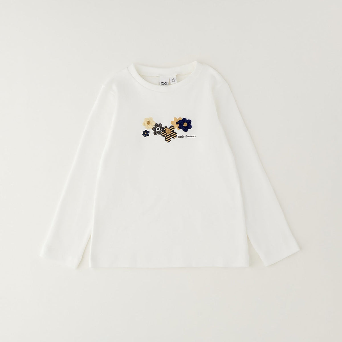 Cardigan bimba beige e blu a righe con applicazioni floreali