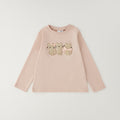 Maglia rosa in cotone bambina con gattini ricamati e fiocchetti