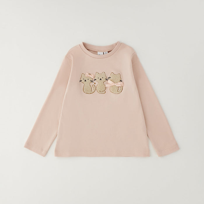 Maglia rosa in cotone bambina con gattini ricamati e fiocchetti
