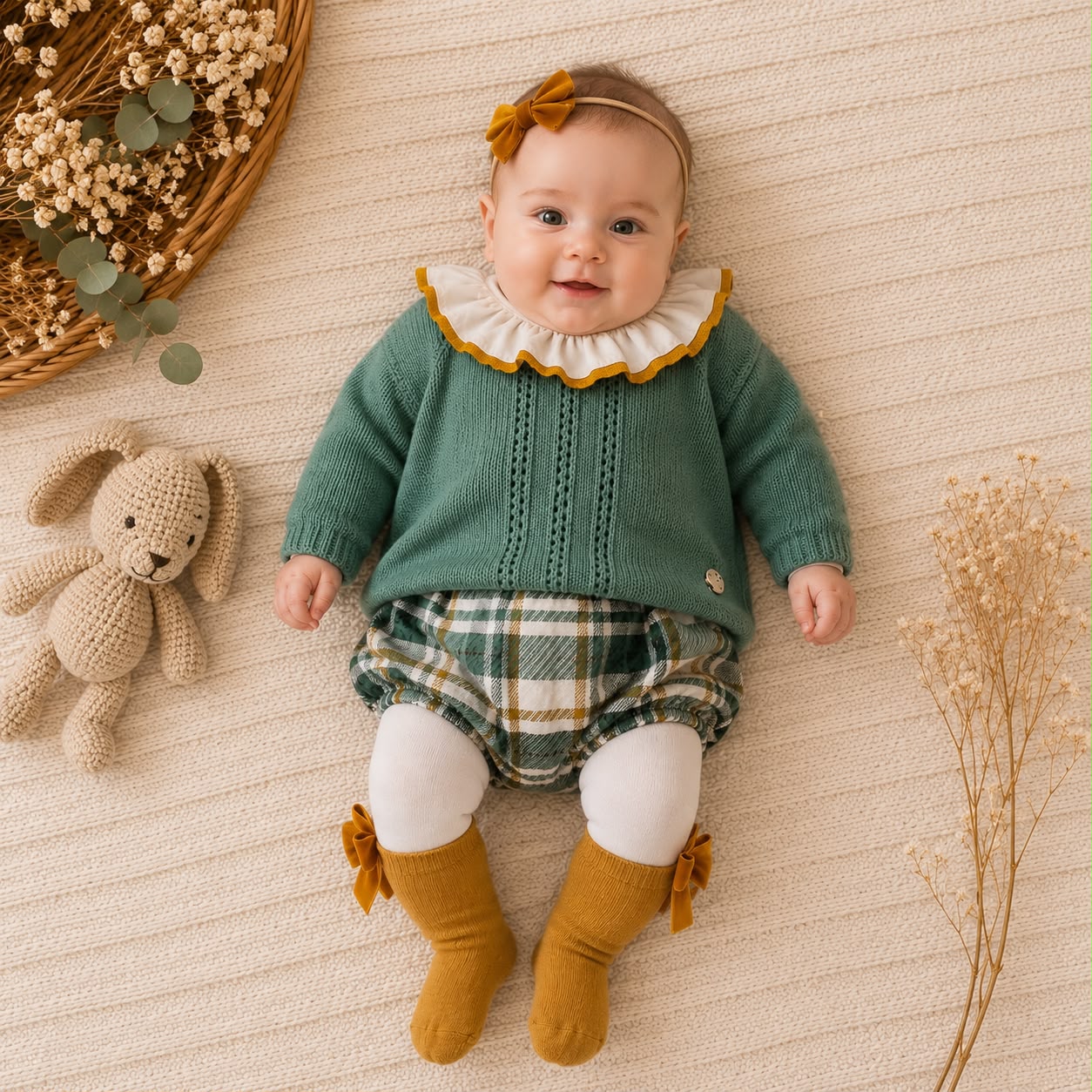 Completino bimba con maglia verde salvia e culotte scozzese Juliana Baby Clothes.