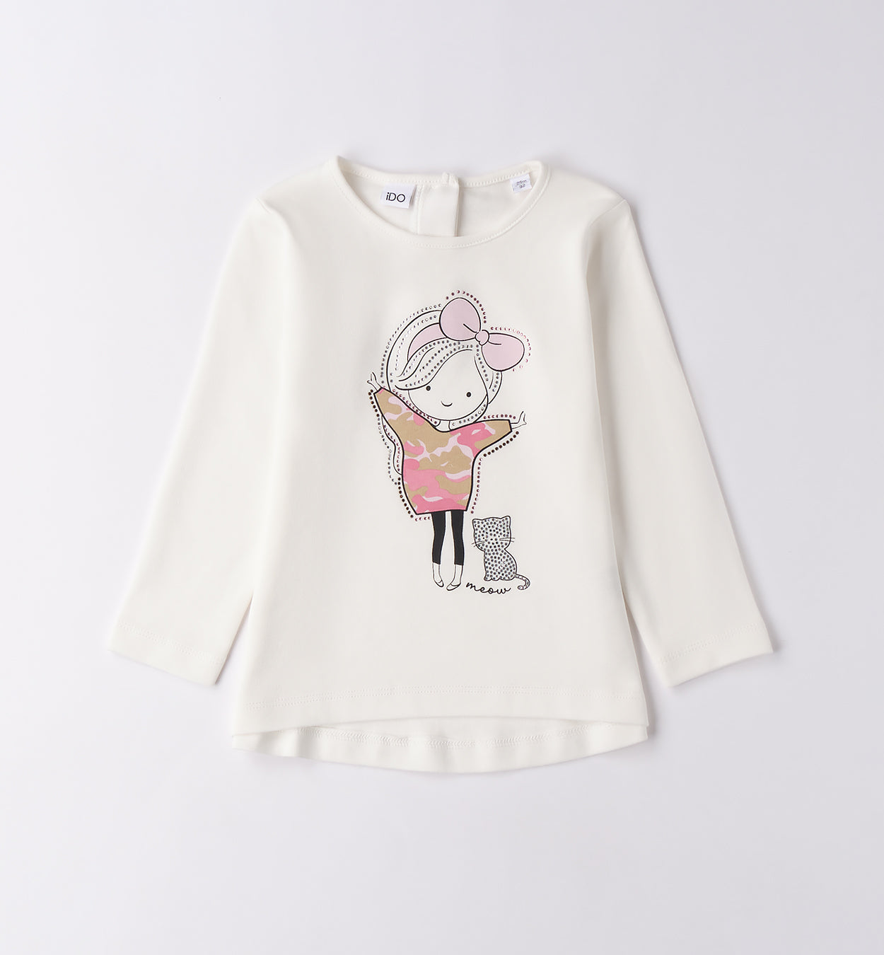 maglia bambina cotone bianco con stampa girl e gattino