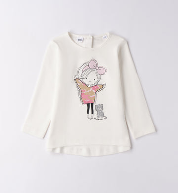 maglia bambina cotone bianco con stampa girl e gattino