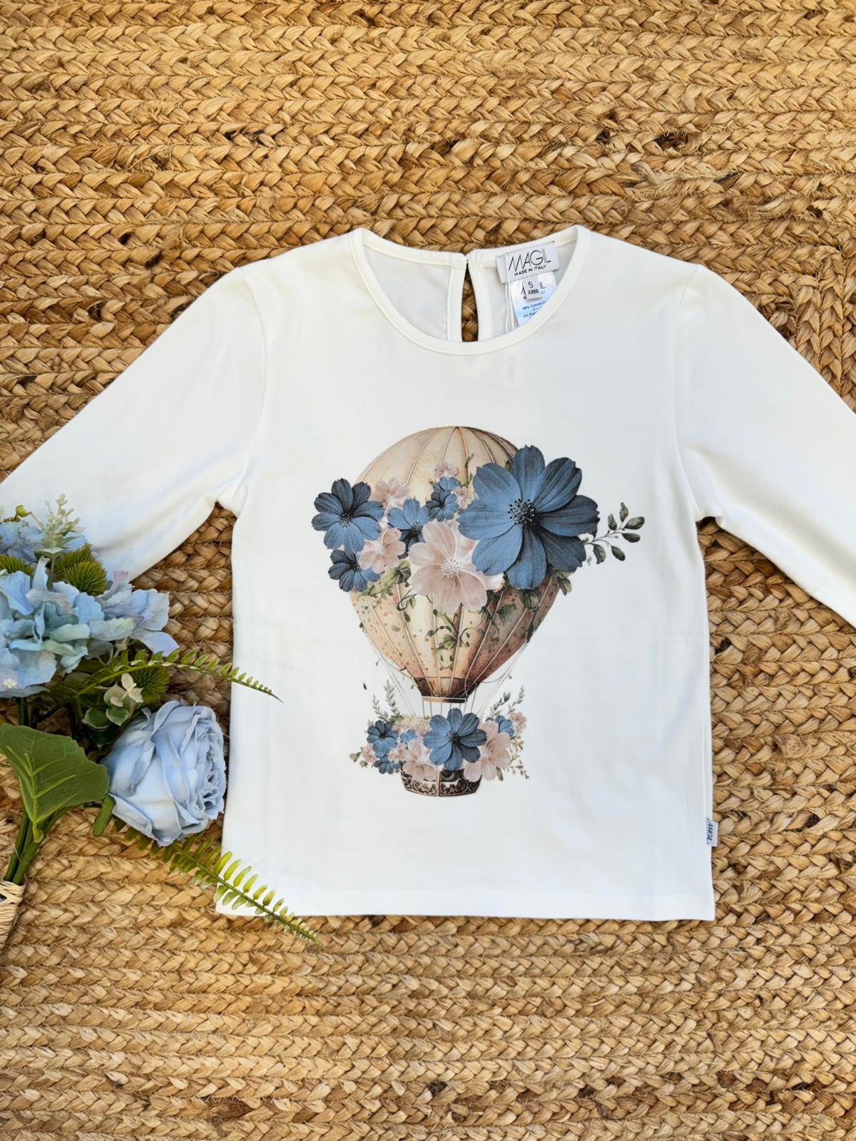 maglia bambina panna con mongolfiera e fiori blu fronte