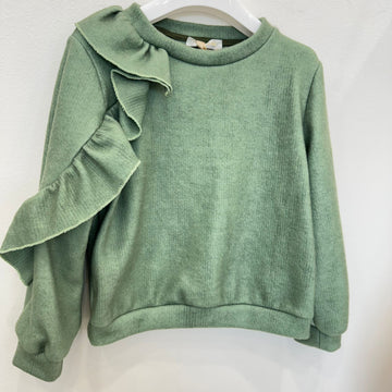 maglia bambina verde elegante con volant su spalla e manica