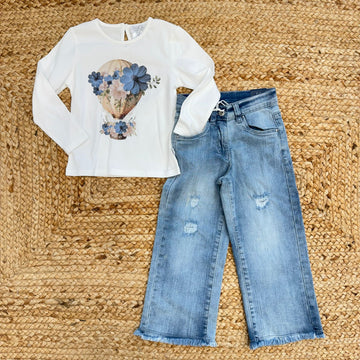 maglia bianca bambina con mongolfiera azzurra