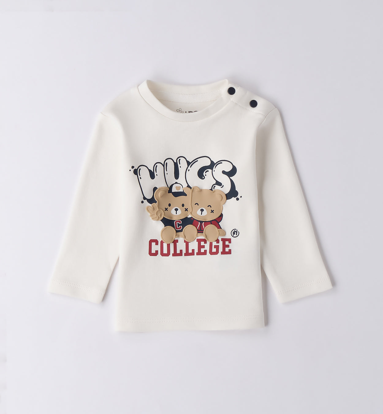 maglia bianca neonato con stampa orsacchiotti college