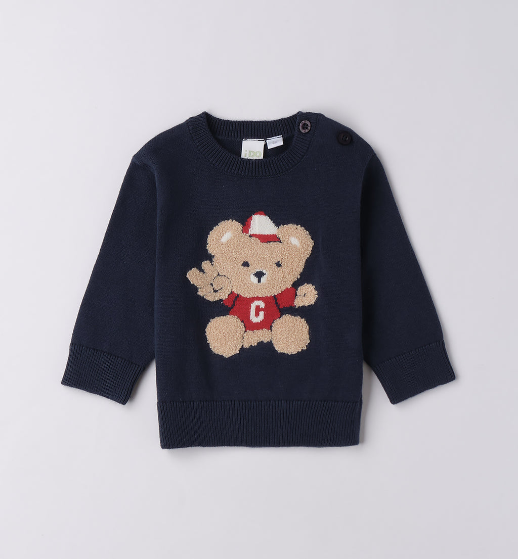 maglia blu bambino con ricamo orsetto sul davanti