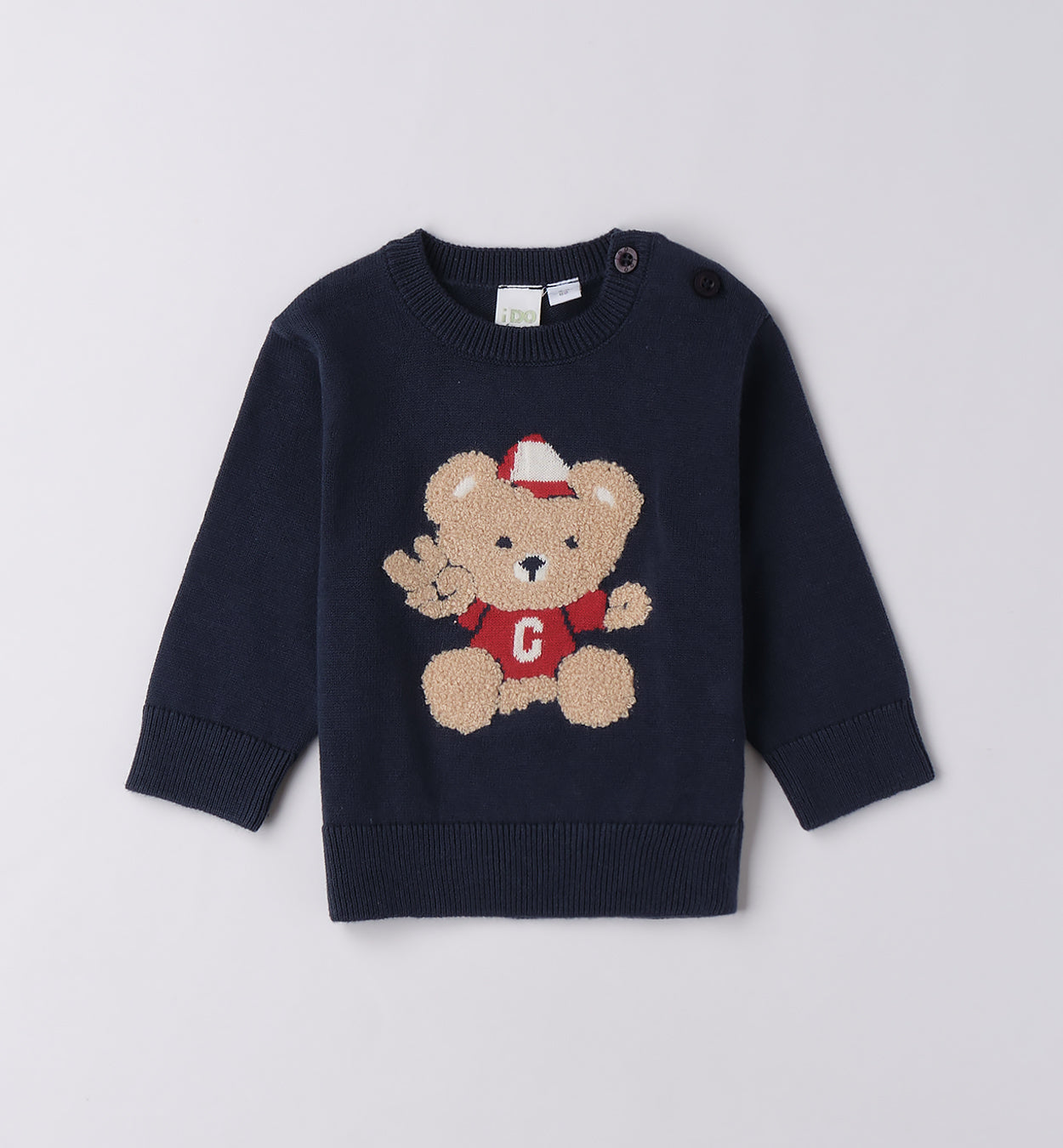maglia blu bambino con ricamo orsetto sul davanti