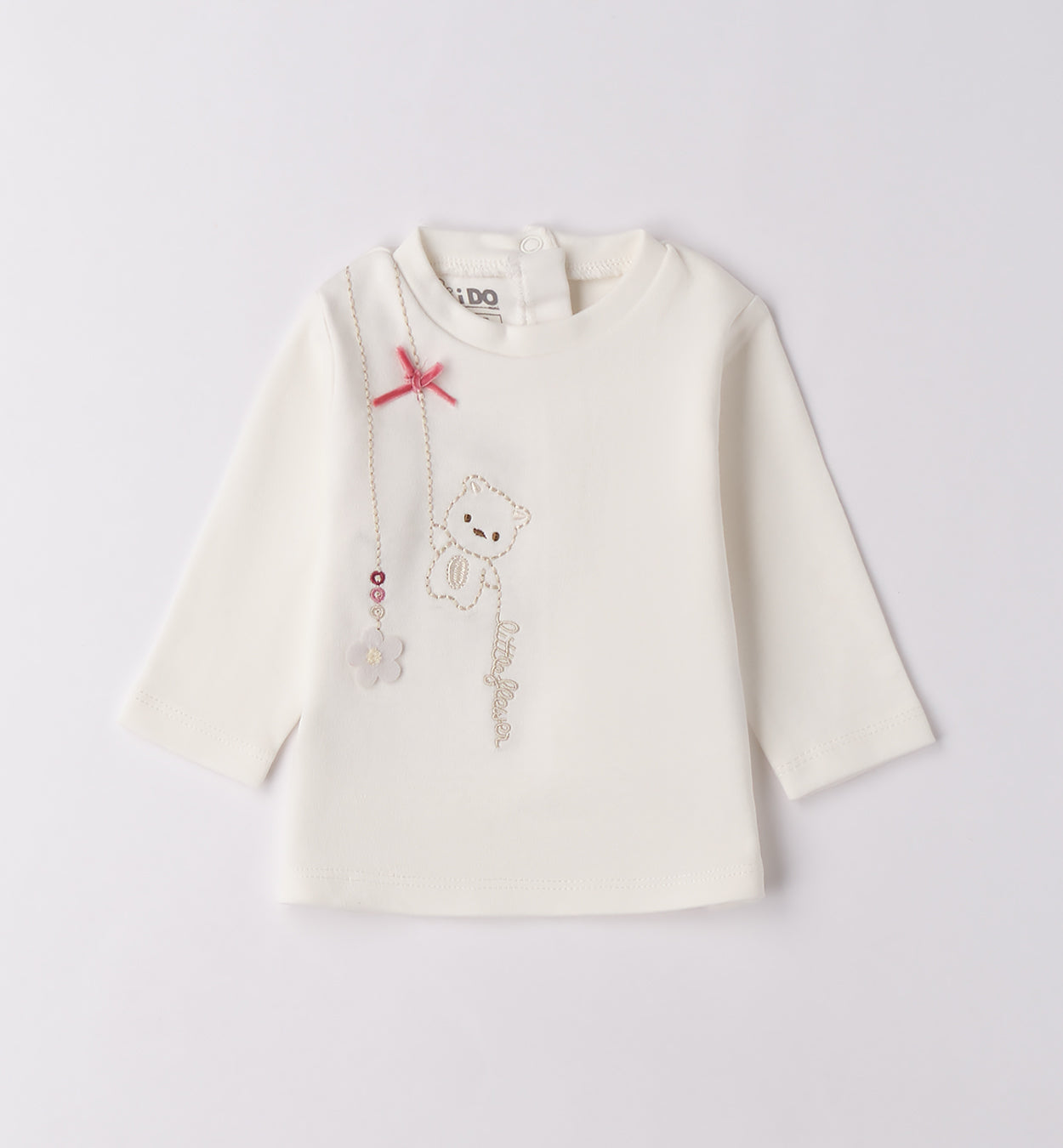 maglia panna neonata con ricamo orsetto e fiocco rosa