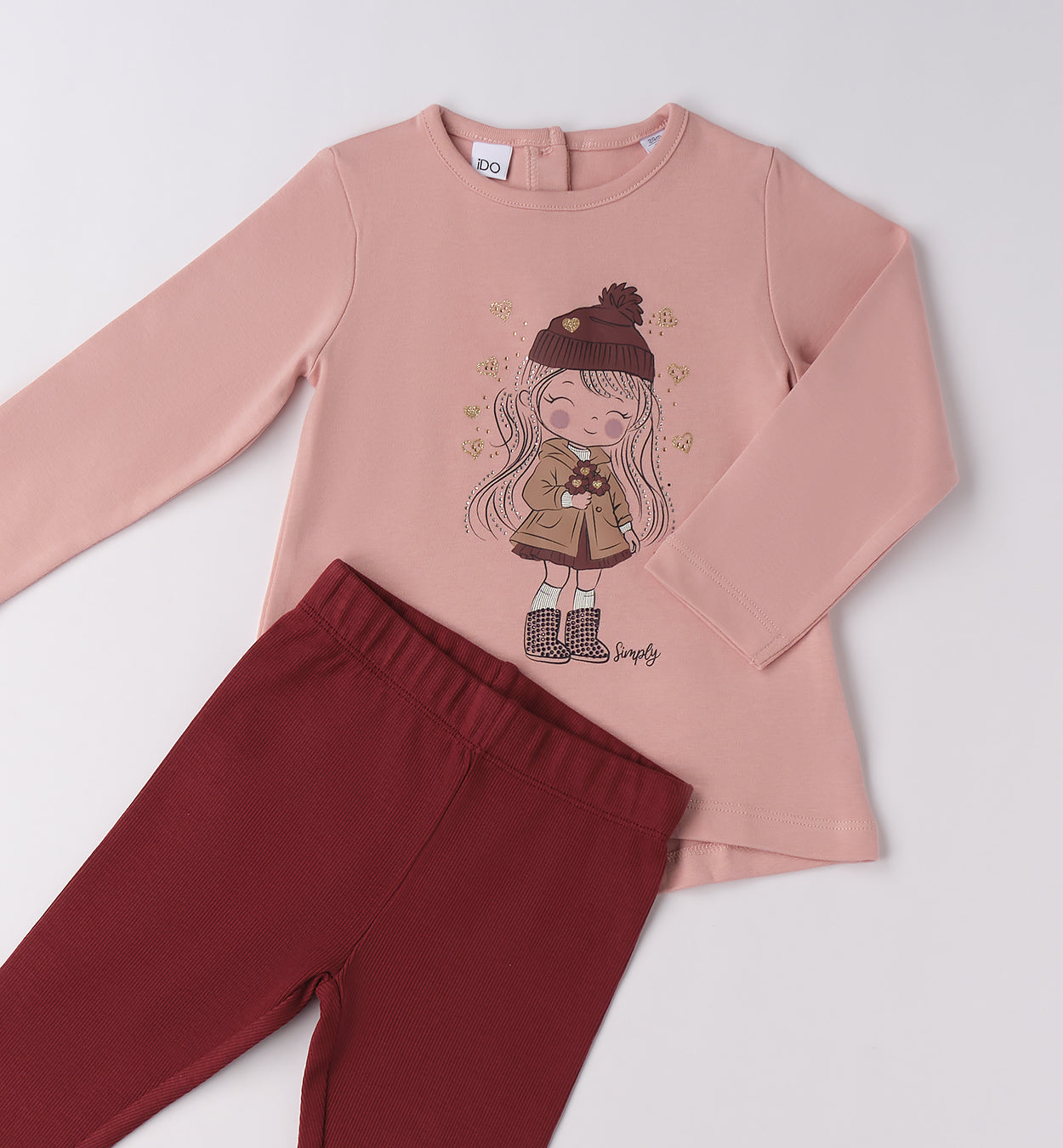 Completo bambina rosa con stampa e leggings bordeaux