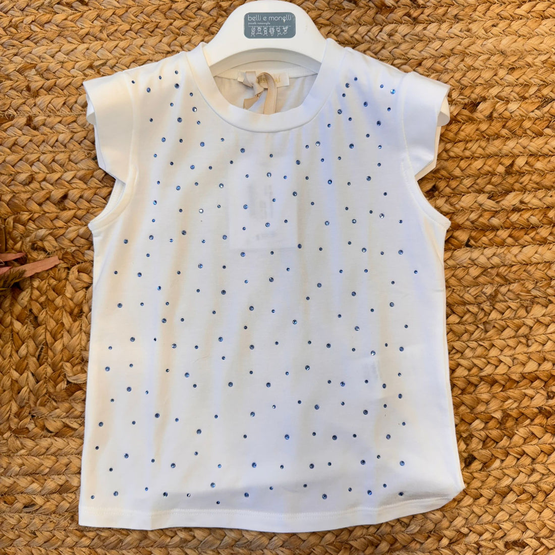 Completo bambina con maglietta bianca decorata e gonna chambray con fiocco