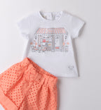 Coordinato estivo bambina con t-shirt stampa pasticceria e shorts corallo traforati