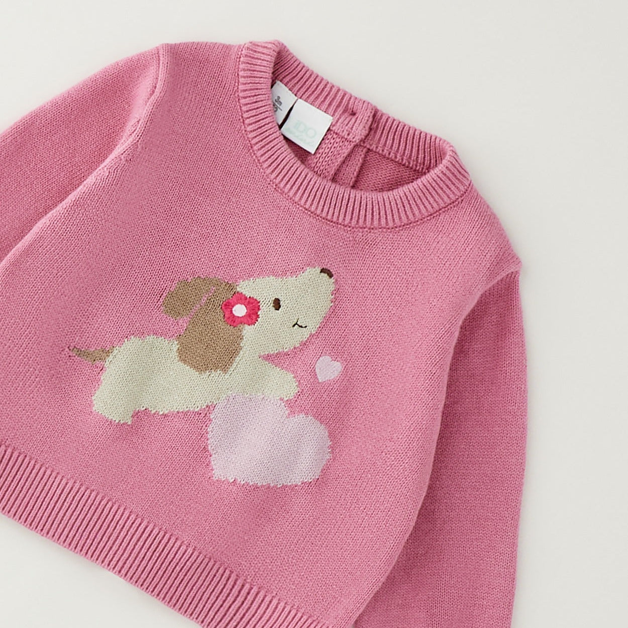 Maglioncino bimba rosa in caldo cotone con cagnolino, fiore e cuori sul davanti