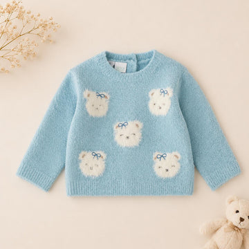 Maglioncino bimba azzurro in maglia con applicazioni di orsetti bianchi e fiocchetti azzurri