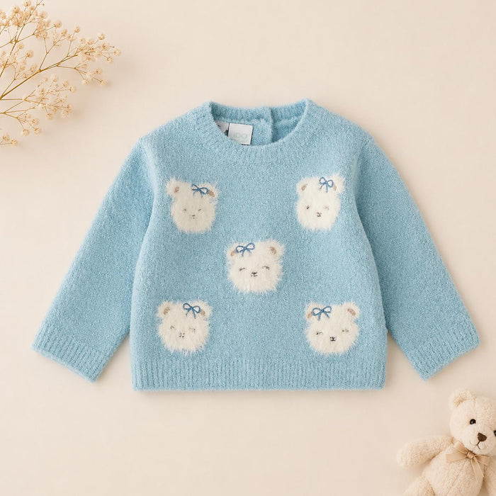 Maglioncino bimba azzurro in maglia con applicazioni di orsetti bianchi e fiocchetti azzurri