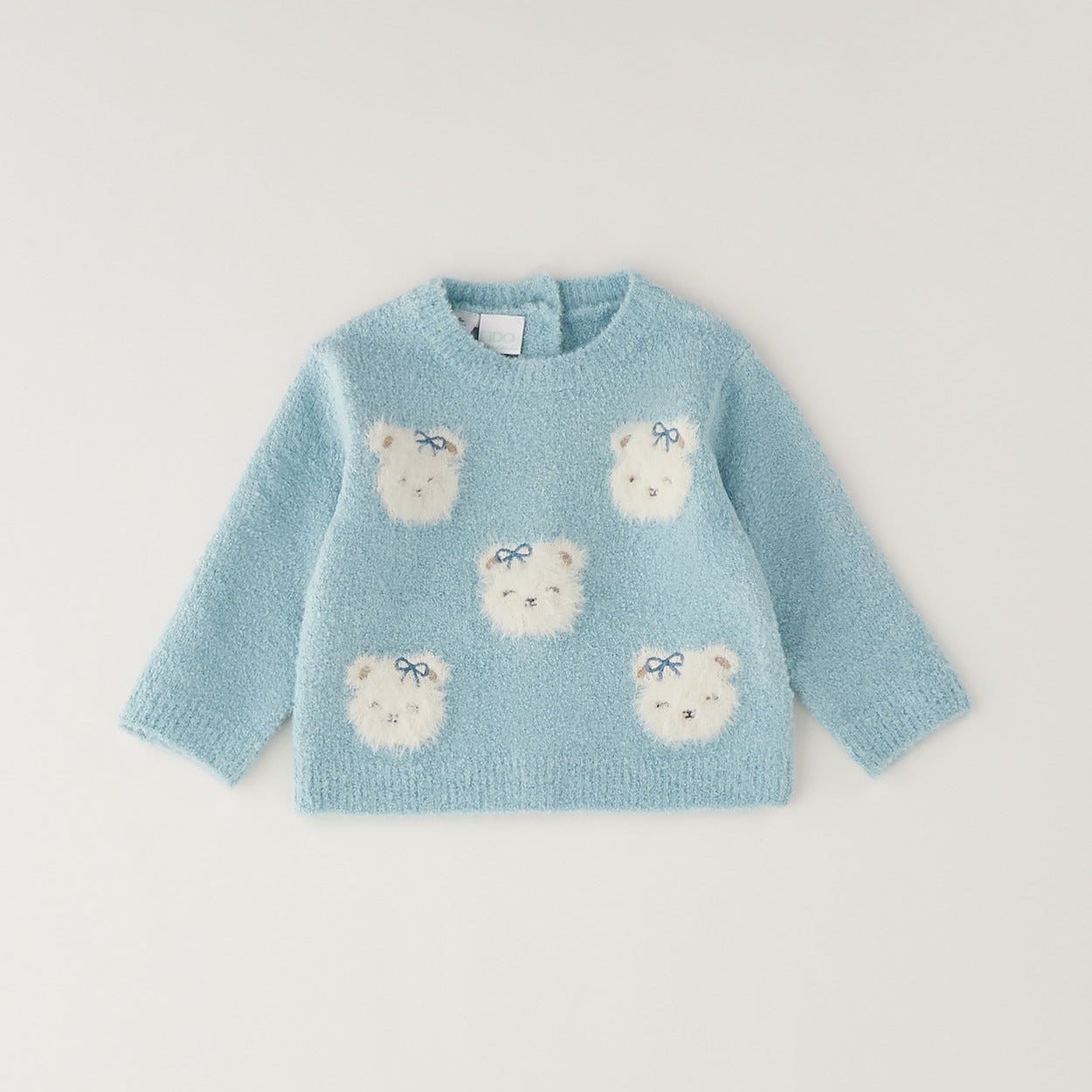 Maglioncino bimba azzurro con applicazioni orsetti bianchi e fiocchetti