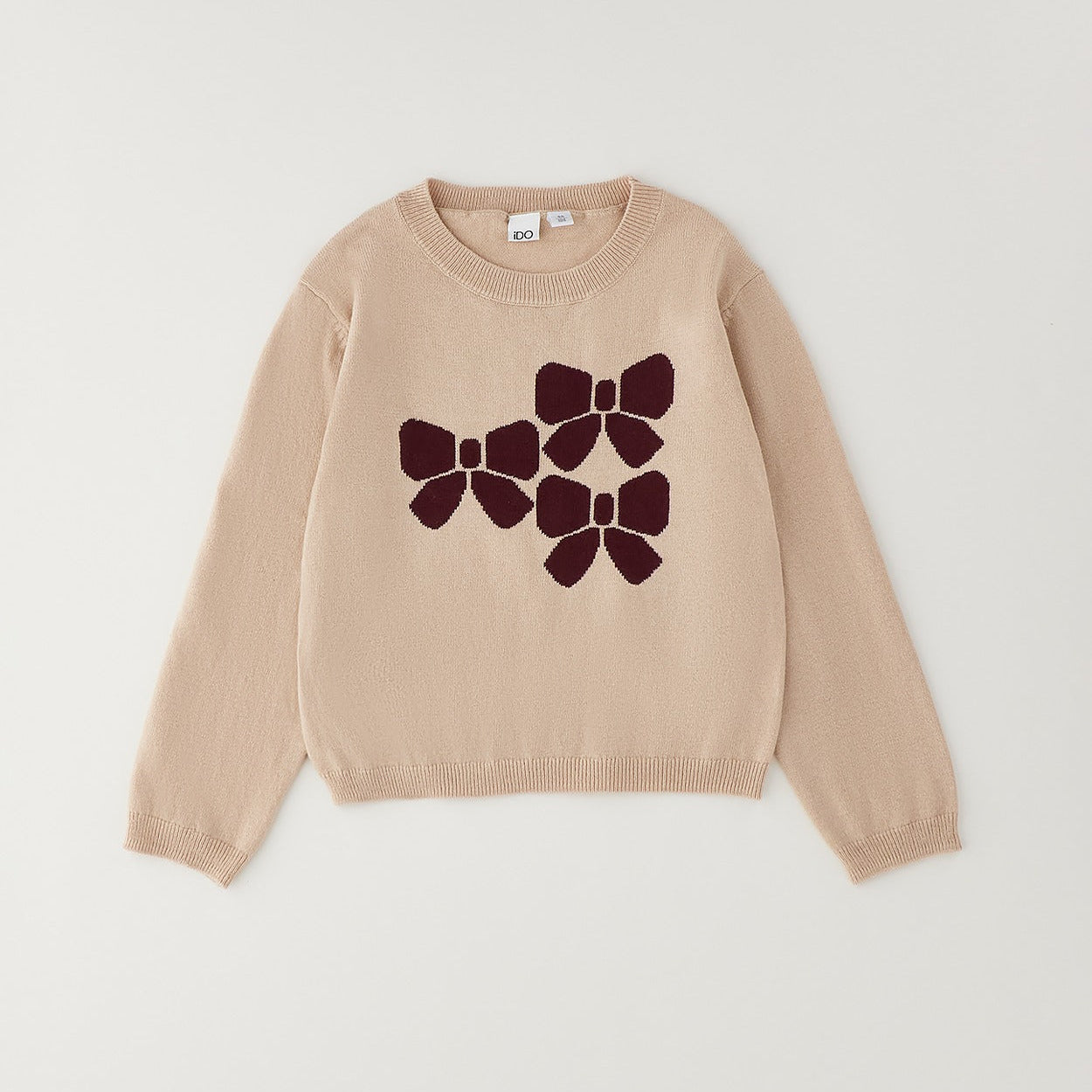 Completo bimba con maglioncino beige con fiocchi bordeaux e pantaloncino bordeaux