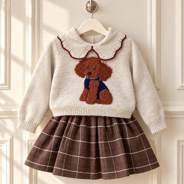 Maglioncino bambina beige con cagnolino in rilievo e colletto bordeaux