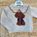 Maglioncino bambina beige con cagnolino in rilievo e colletto bordeaux