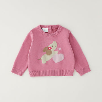 Maglioncino bimba rosa in caldo cotone con cagnolino, fiore e cuori sul davanti