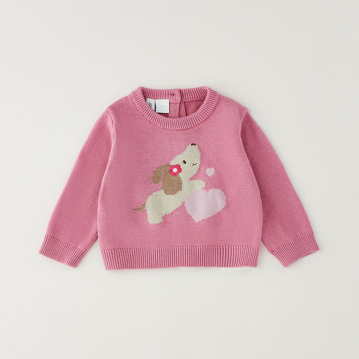 Maglioncino bimba rosa in caldo cotone con cagnolino, fiore e cuori sul davanti