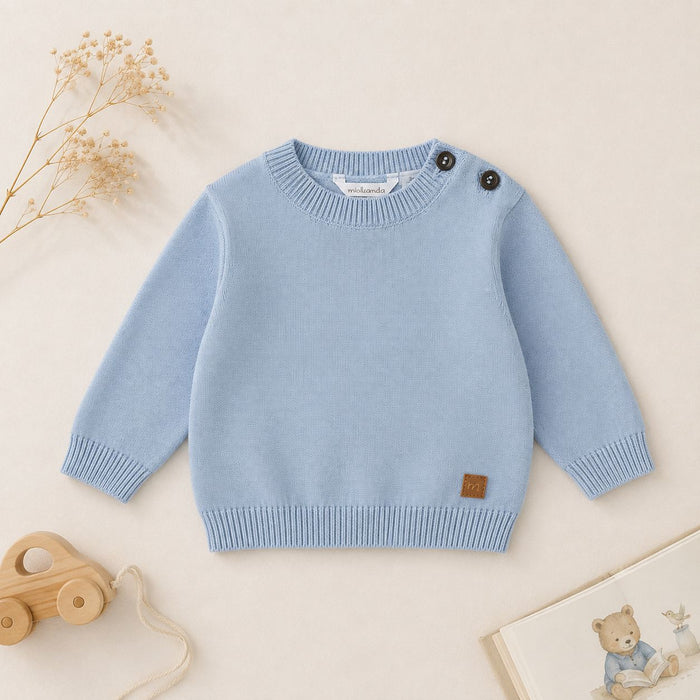 Maglioncino bimbo azzurro in maglia con girocollo e bottoni sulla spalla
