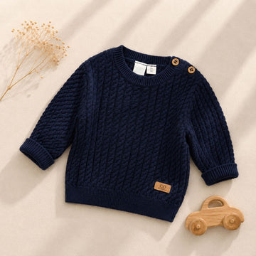 Maglioncino bimbo blu navy in maglia lavorata a trecce con bottoni sulla spalla