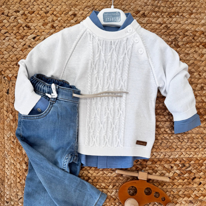 Maglioncino di cotone, jeans morbido e camicia in lino azzurra per bambino, abbigliamento casual elegante