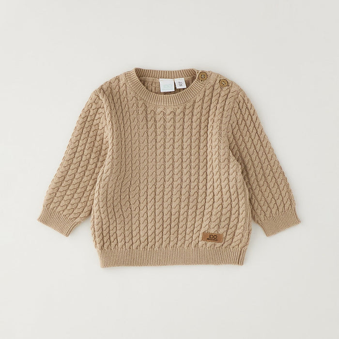 Maglioncino neonato beige in cotone e lana con lavorazione a trecce